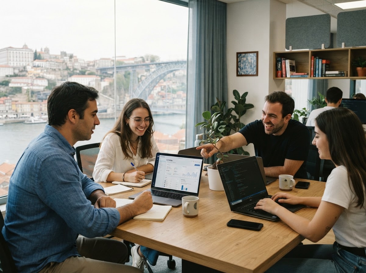 CoraTechUp — equipa técnica a analisar modelos de dados de mercado